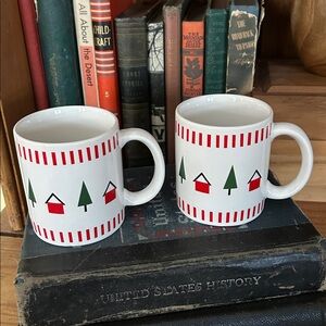 VINTAGE Christmas Cabin Block Print Mug Set